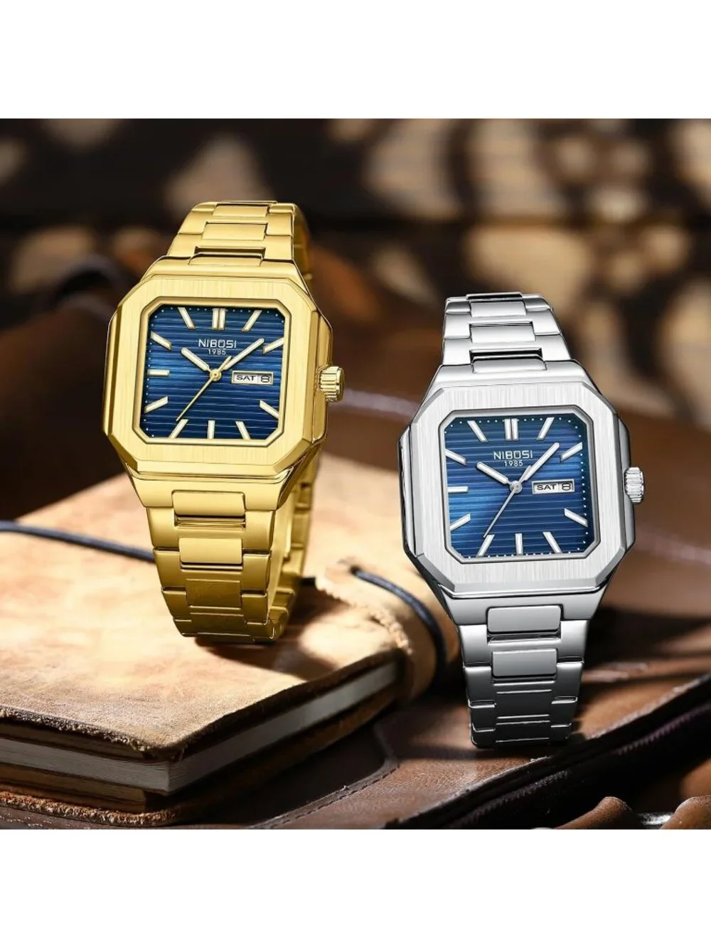 Men's Gold Blue Square Analog Quartz Stainless Steel Waterproof Wrist Watch